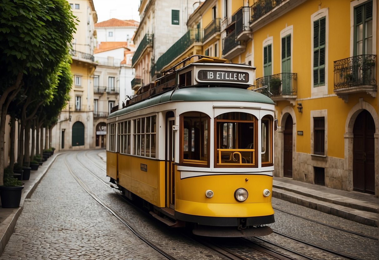 Lisbon's iconic yellow trams winding through narrow cobblestone streets, with historic buildings and colorful tiled facades in the background