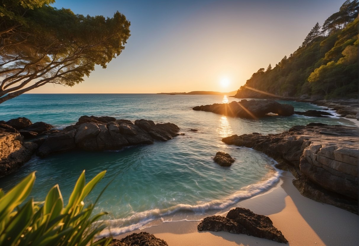 Crystal clear waters surround a secluded cove, with a sandy beach and lush greenery. The sun sets behind the horizon, casting a warm glow over the tranquil scene