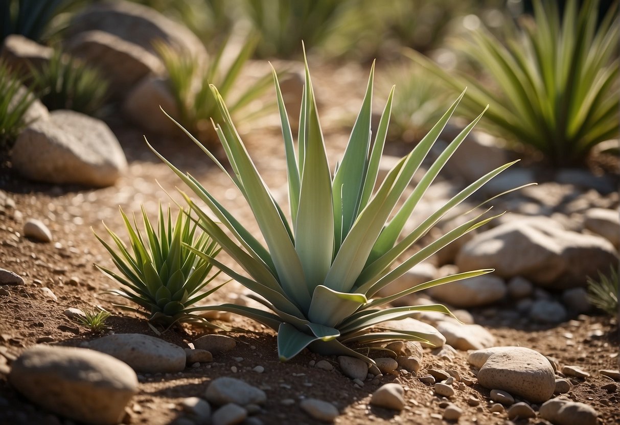 Yucca plants bloom, surrounded by well-tended soil and carefully placed rocks. Sunlight filters through the leaves, casting dappled shadows on the ground