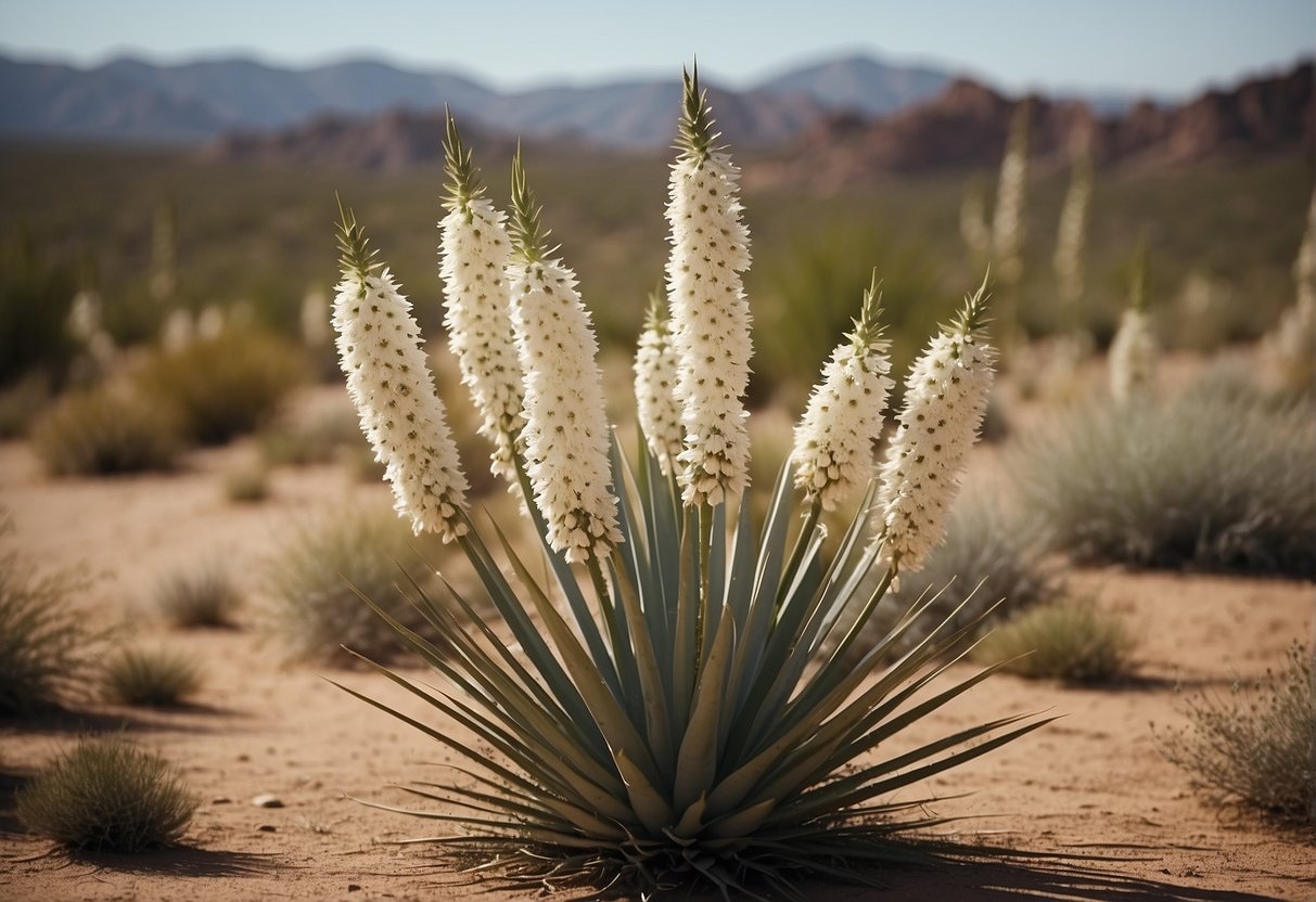 Yucca plants blooming in a desert landscape, with tall, spiky stalks bearing clusters of white flowers. Bees and other insects buzzing around the blooms