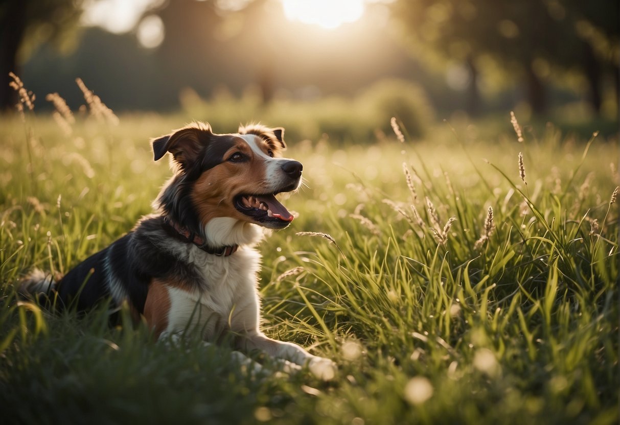 A dog sitting in a grassy field, with a playful expression and wagging tail. The sun is shining, casting a warm glow on the scene