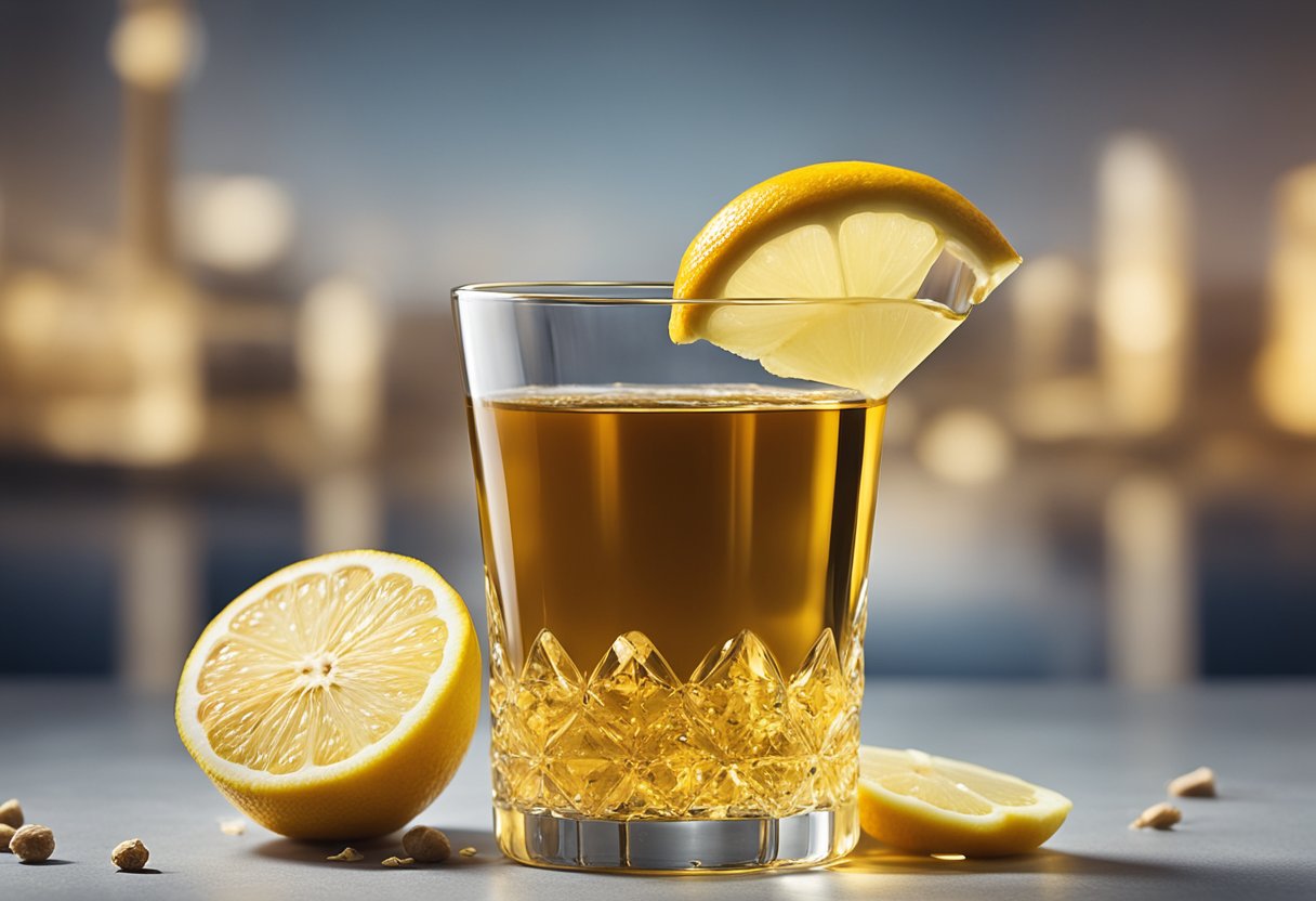 A glass filled with a golden liquid, garnished with a slice of lemon and a sprig of fresh ginger, with a dollop of honey resting on the rim