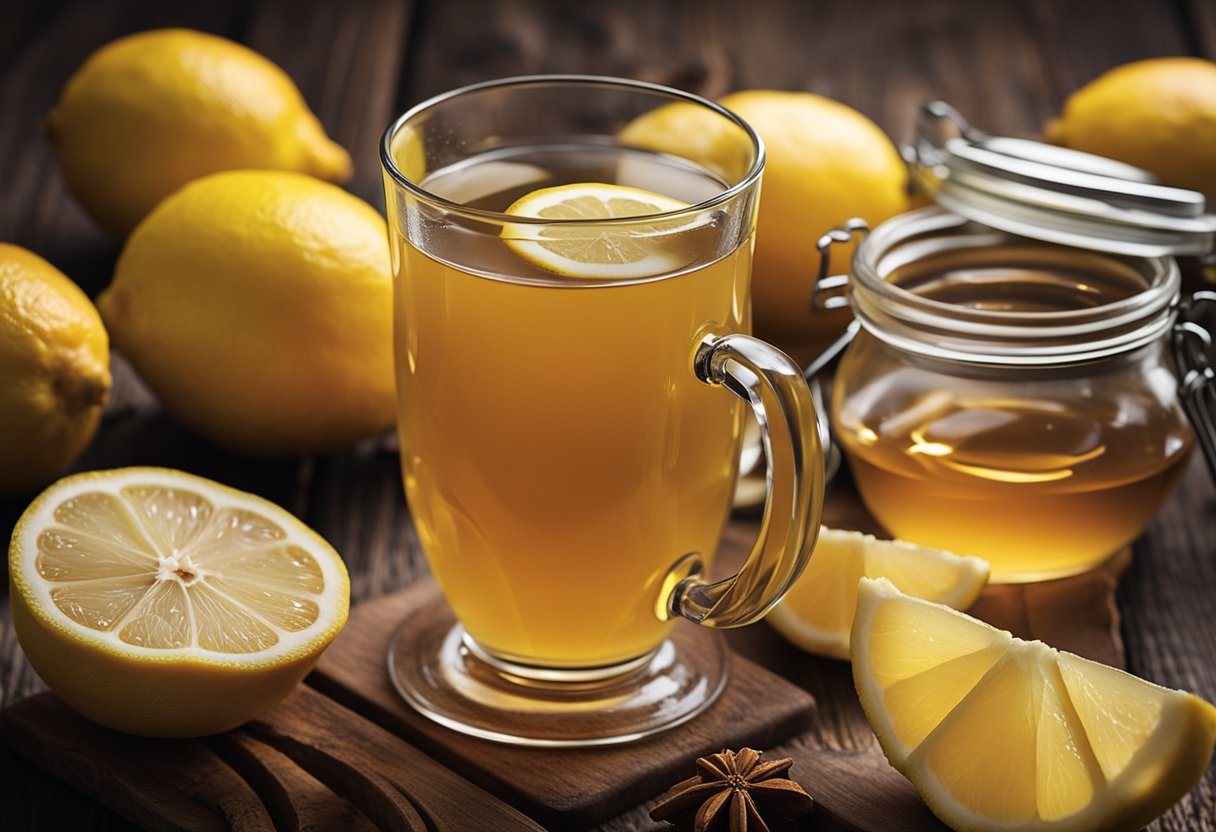 A glass of lemon ginger and honey health drink sits on a wooden table, surrounded by fresh lemons, ginger root, and a jar of honey. The steam rises from the drink, creating a warm and inviting atmosphere