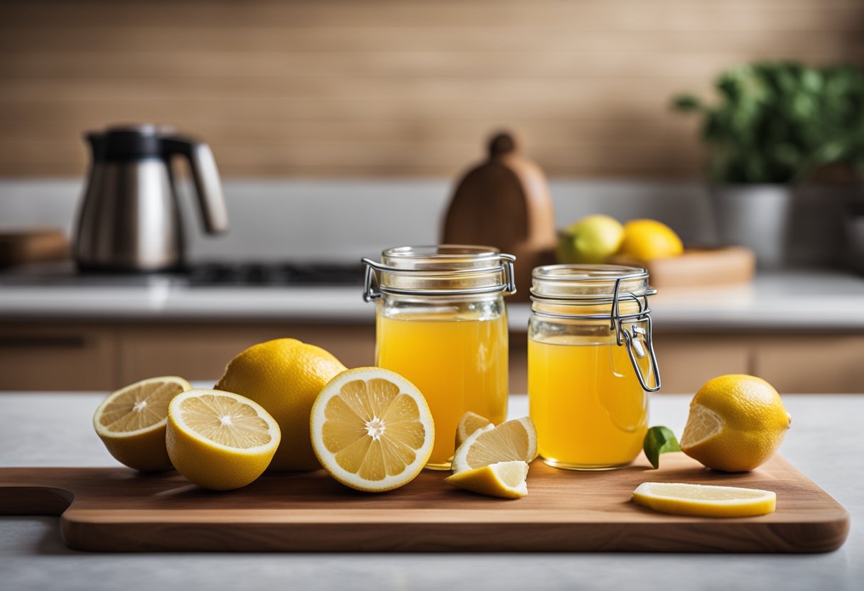A cutting board with lemons, ginger root, and a jar of honey next to a juicer and glass