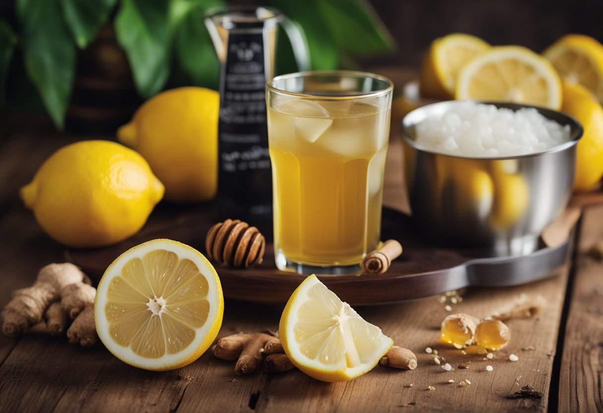 A glass filled with lemon ginger and honey health drink next to fresh ingredients on a wooden surface