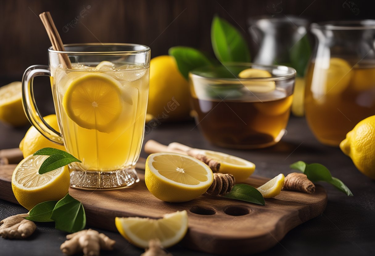 A glass of lemon ginger & honey health drink with steam rising, surrounded by fresh lemon slices and ginger roots