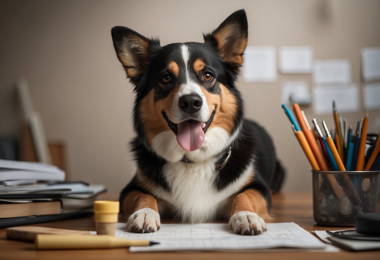 A dog sitting with a friendly expression, tongue out, tail wagging, and ears perked up, surrounded by simple and clear drawing tools