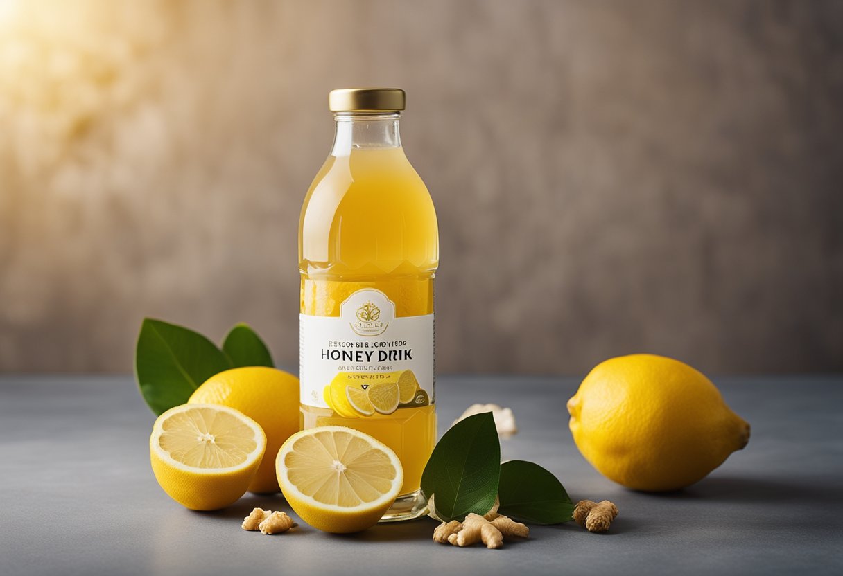 A bottle of Lemon Ginger & Honey health drink surrounded by fresh lemons, ginger roots, and honeycomb