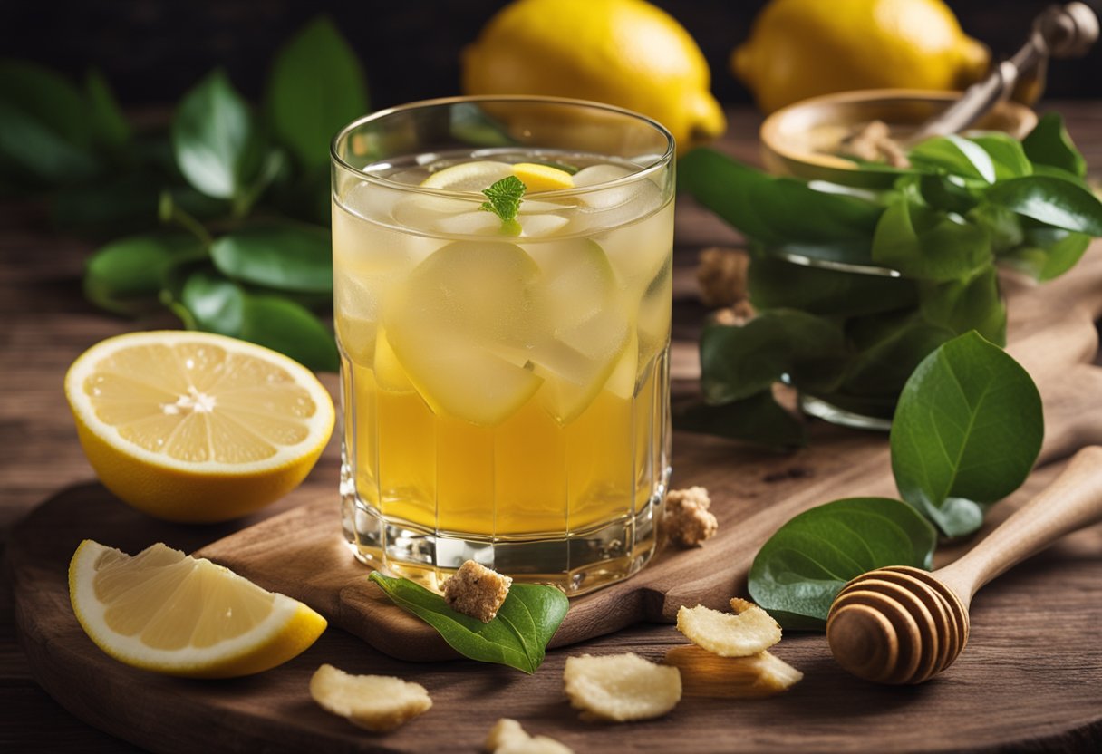 A glass filled with lemon ginger & honey health drink sits on a wooden table next to fresh ingredients