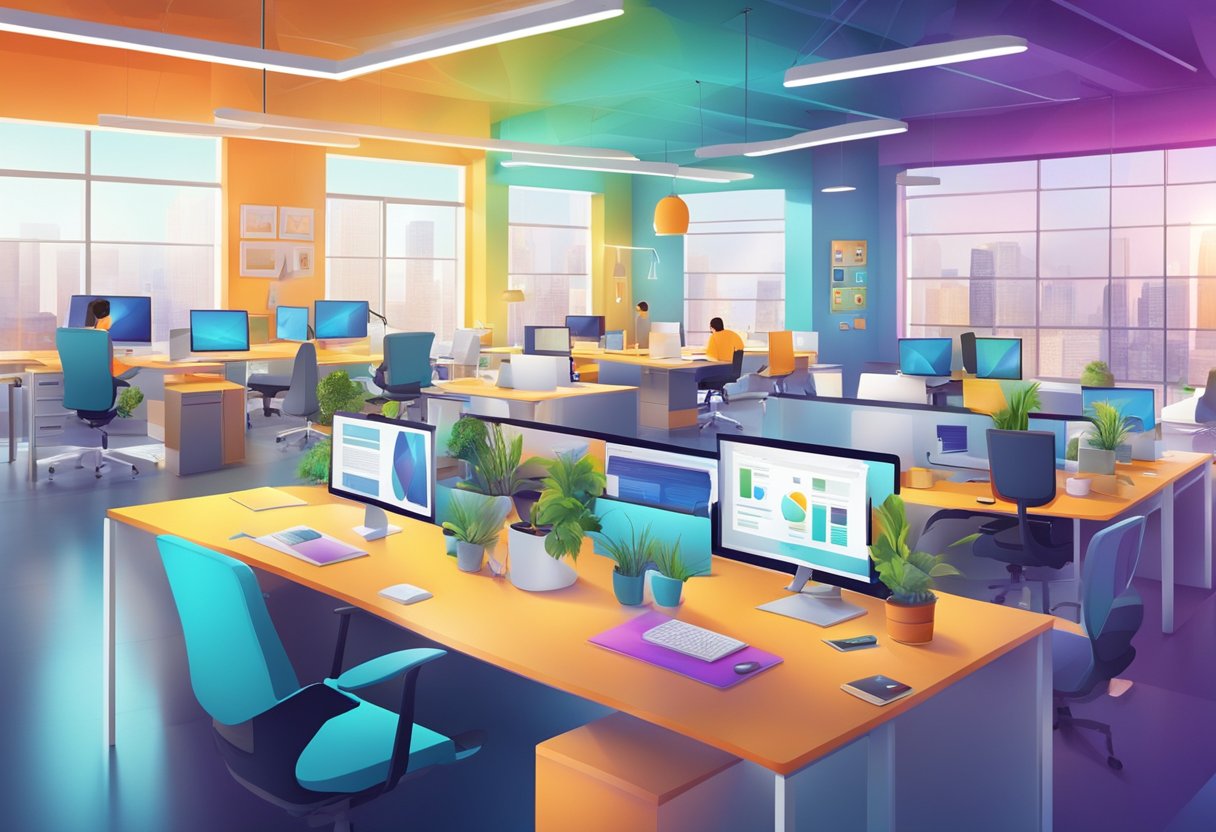 A modern office setting with innovative technology and collaborative workspaces, surrounded by vibrant colors and creative energy