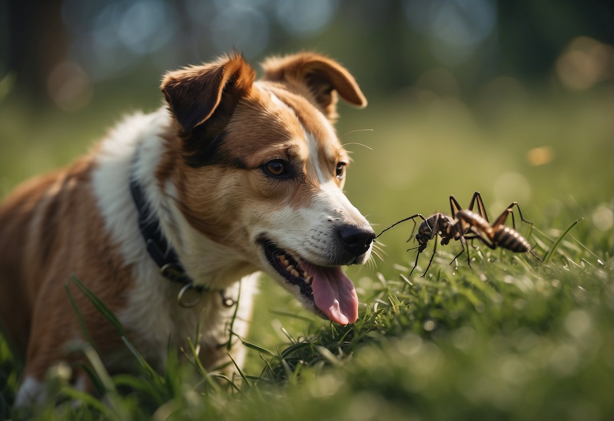 A dog scratching furiously, surrounded by small insects jumping off its fur