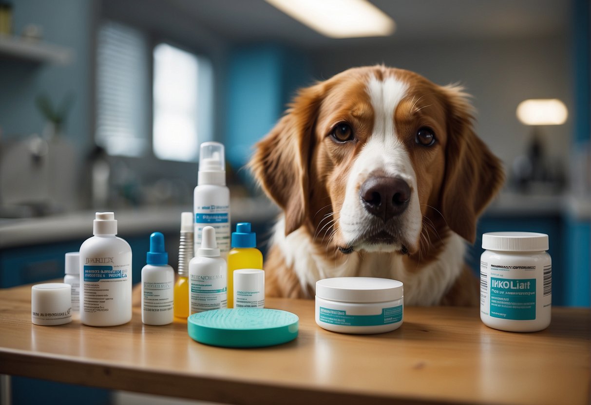 A dog scratching vigorously, surrounded by flea treatment products and a vet administering medication to eliminate the fleas