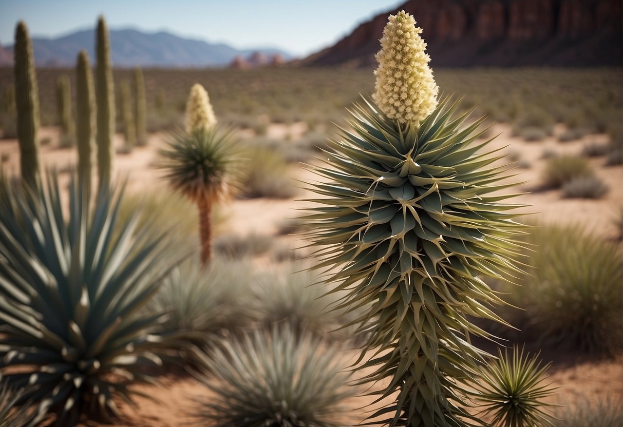 A cluster of Yucca Elata plants stand tall in the desert, reaching heights of up to 15 feet with long, spiky leaves and a towering flower stalk