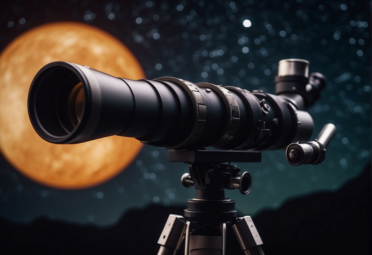 In a dark night sky, a telescope points towards the stars. Planets and galaxies fill the background as the telescope searches for new exoplanets