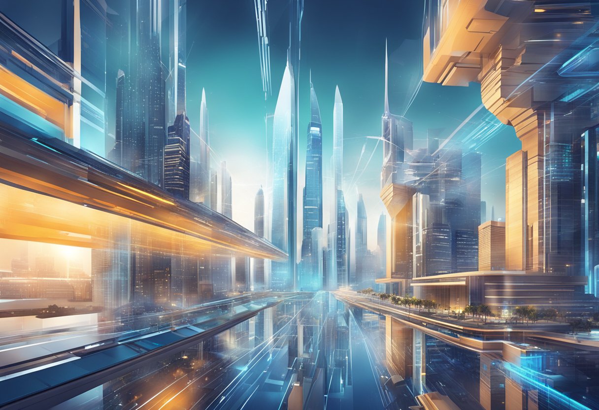 A futuristic cityscape with digital interfaces merging with traditional architecture, symbolizing corporate innovation and digital transformation
