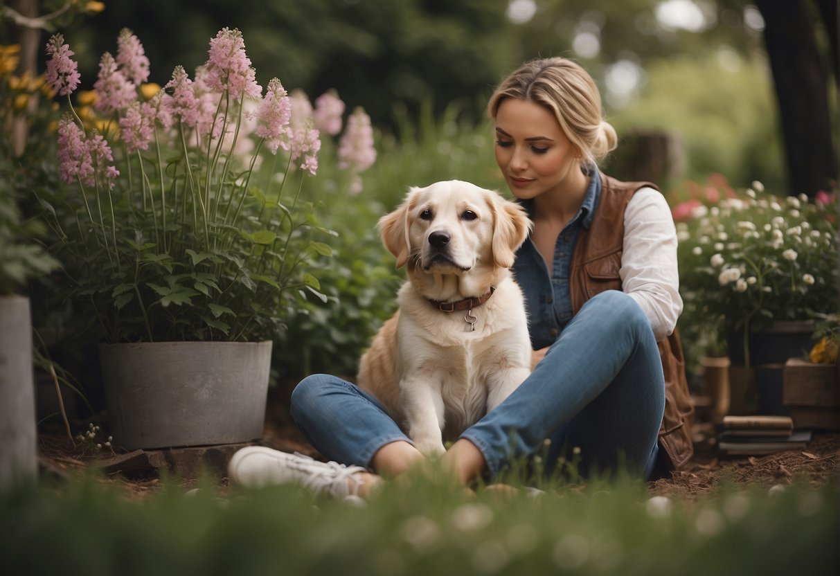 A person sitting in a peaceful garden, surrounded by flowers and trees, holding a photo of their beloved dog, with a look of sadness and reflection on their face