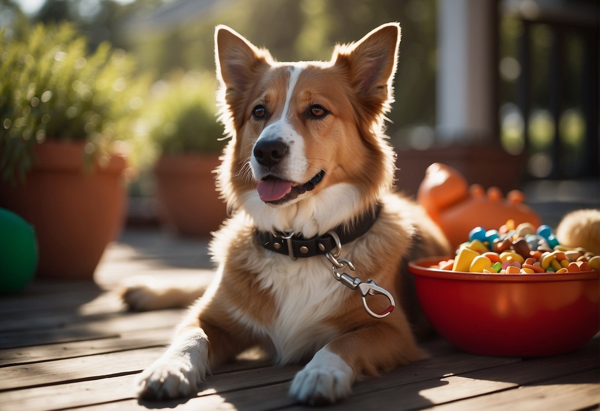 A dog's empty collar and leash lay on a sunlit porch, surrounded by toys and a bowl of untouched food