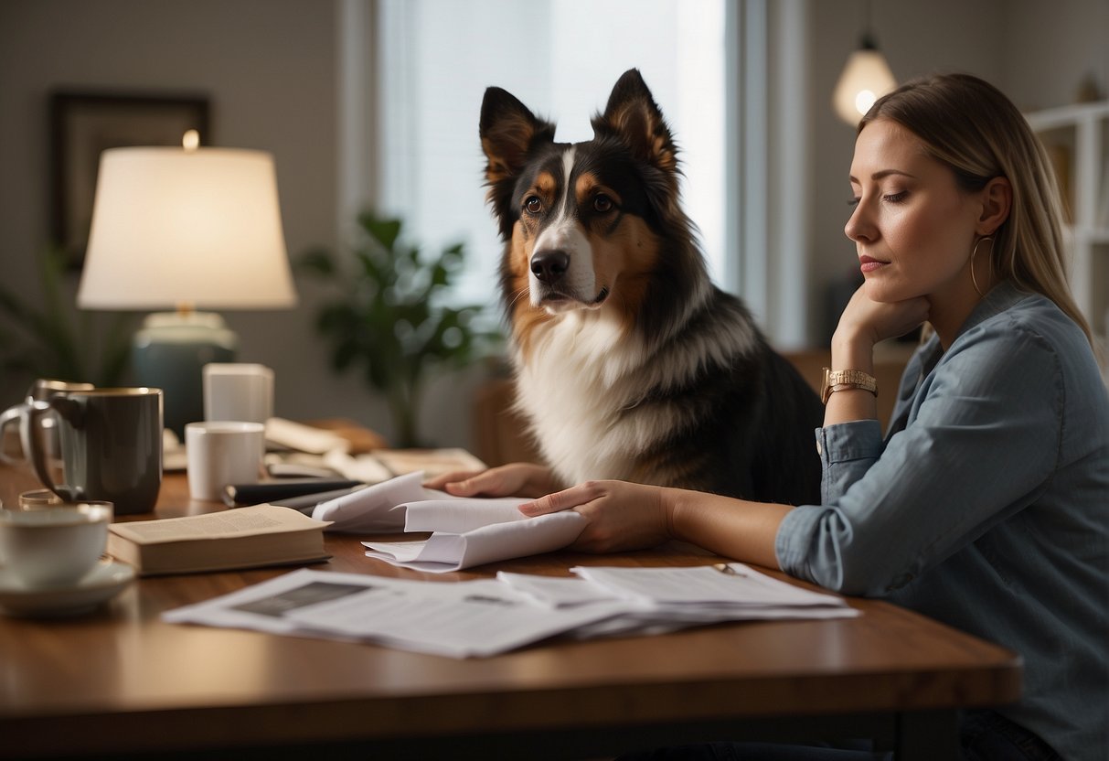 A person sits at a table, surrounded by paperwork and tissues. They hold a photo of their dog, looking somber but seeking comfort from a supportive friend