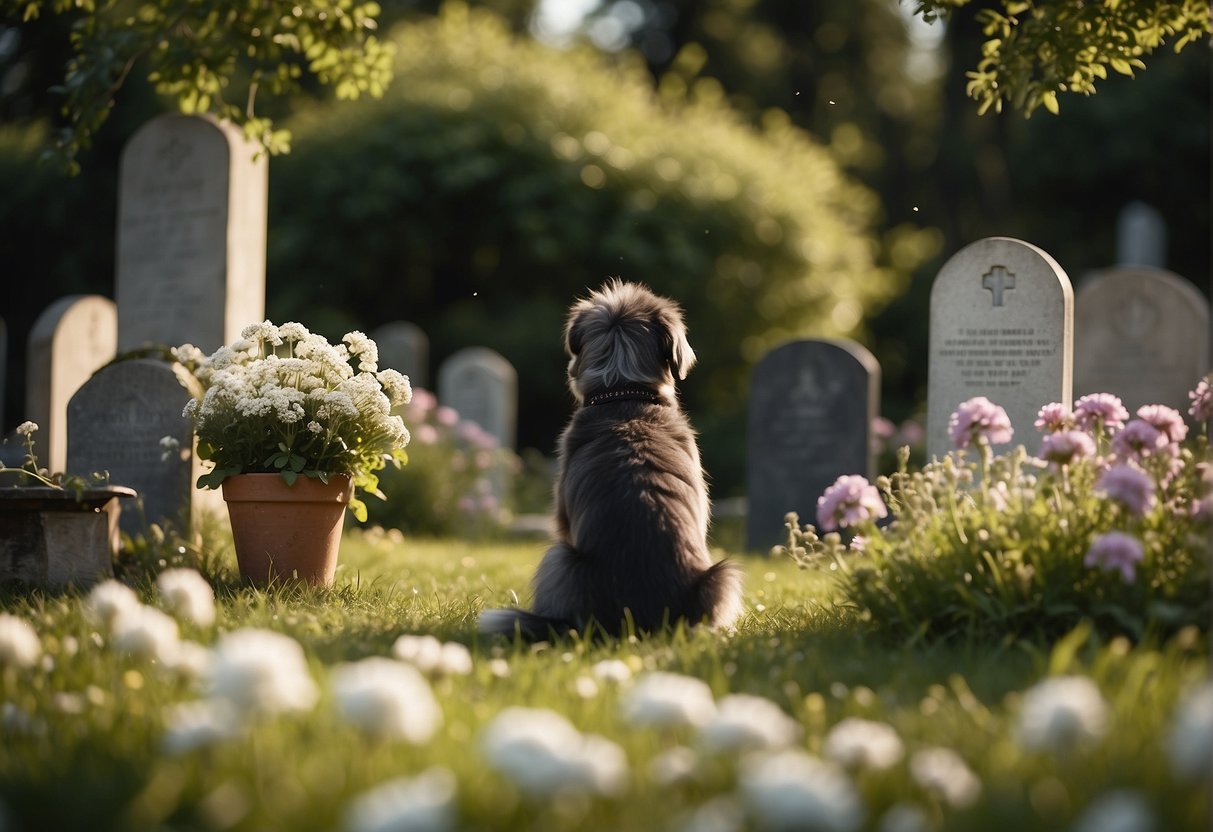 A person sitting in a peaceful garden, surrounded by flowers and trees, with a small memorial or gravestone for their beloved dog