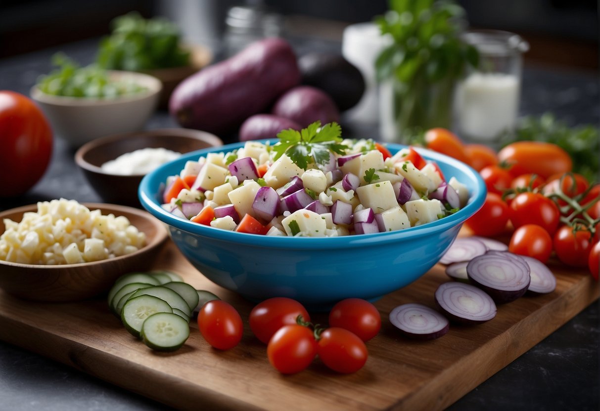 A large bowl filled with red hot and blue potato salad, surrounded by fresh ingredients and cooking utensils on a kitchen countertop