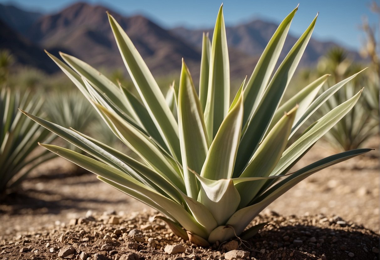 A yucca plant thrives in bright, indirect sunlight with well-draining soil. It requires minimal watering and can tolerate dry conditions. Pruning dead leaves and providing occasional fertilization will keep the plant healthy