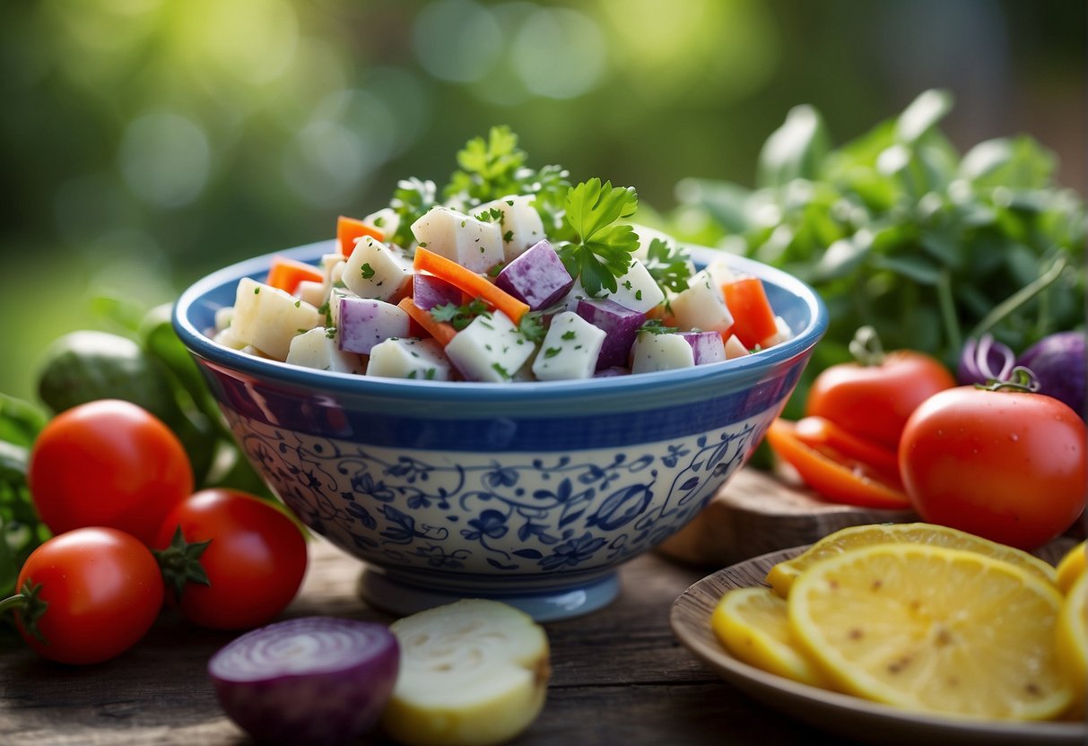 A bowl of red hot and blue potato salad sits on a picnic table, surrounded by fresh herbs and vibrant vegetables, with a light drizzle of tangy dressing