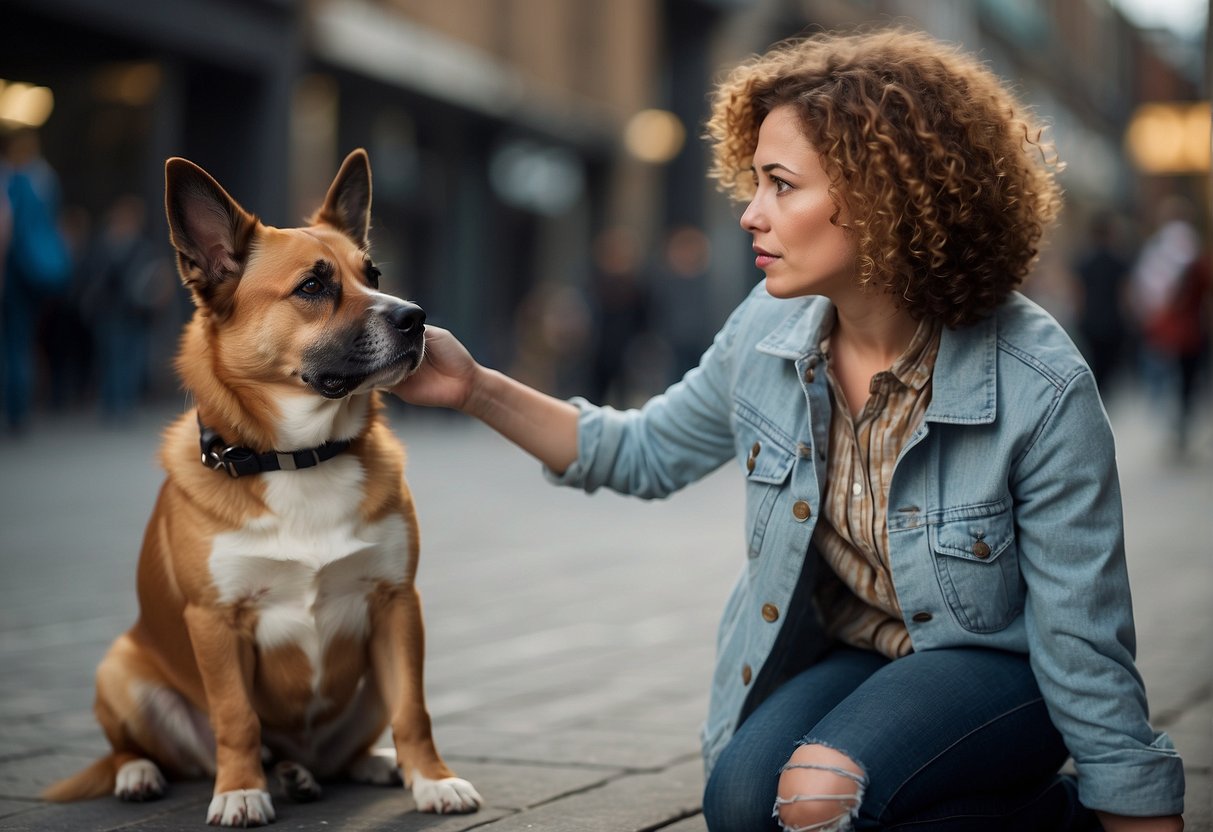 A dog sits disobediently while being scolded by its owner. The owner holds a stern expression, pointing their finger at the dog. The dog looks guilty, with ears drooping and tail tucked between its legs