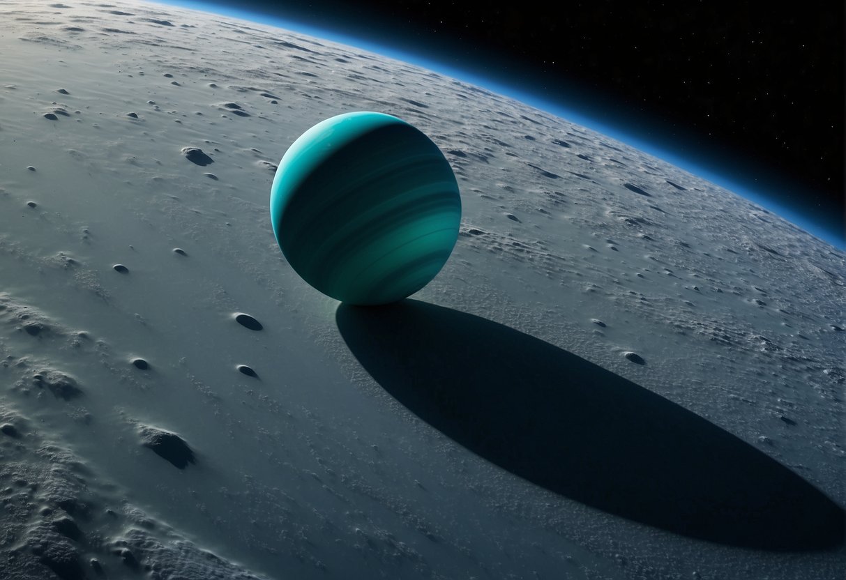 A spacecraft approaches the icy surface of Uranus or Neptune, with their distinctive blue and green hues standing out against the dark backdrop of space