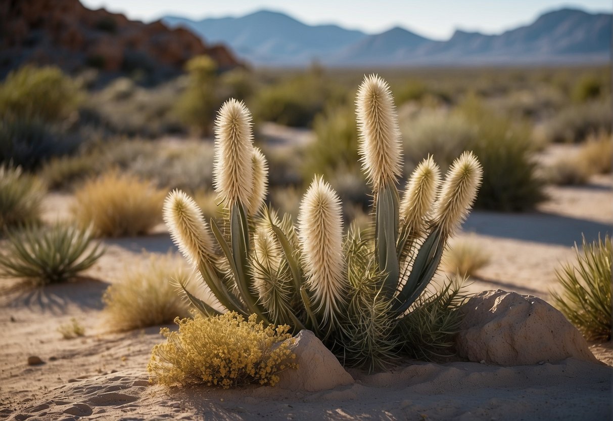 A desert landscape with various yucca plants of different species, including Yucca filamentosa, Yucca gloriosa, and Yucca brevifolia, surrounded by sandy soil and rocks