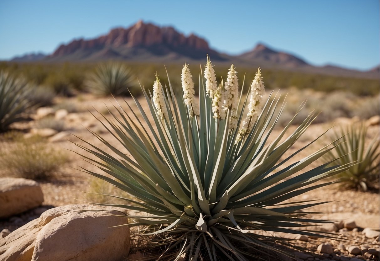 A desert landscape with various yucca plants, including Yucca filamentosa, Yucca gloriosa, and Yucca brevifolia, surrounded by rocky terrain and a clear blue sky