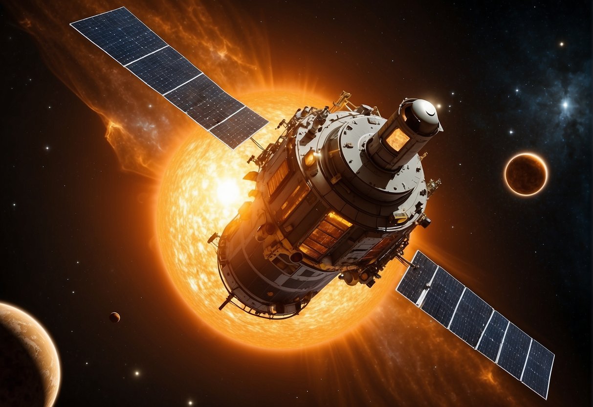 The Solar Orbiter spacecraft approaches the sun, surrounded by a glowing corona and solar flares