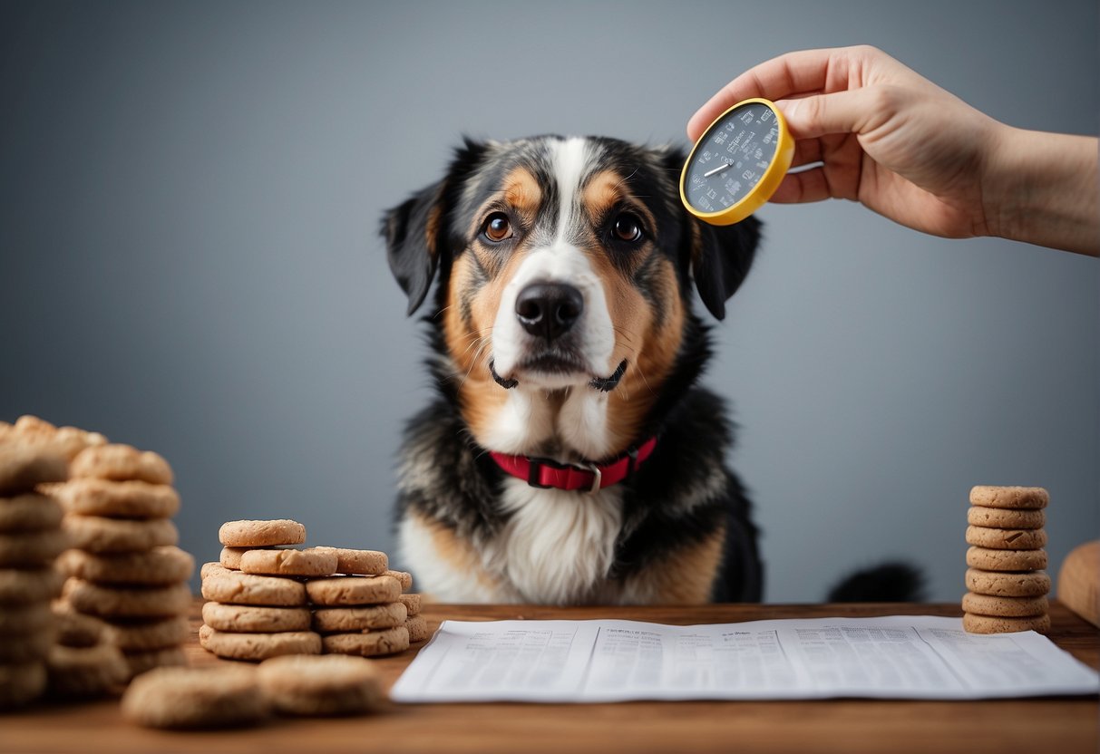 A dog with gray fur sits next to a pile of dog treats and a dog toy, while a person holds up a calendar with a magnifying glass, trying to determine the dog's age