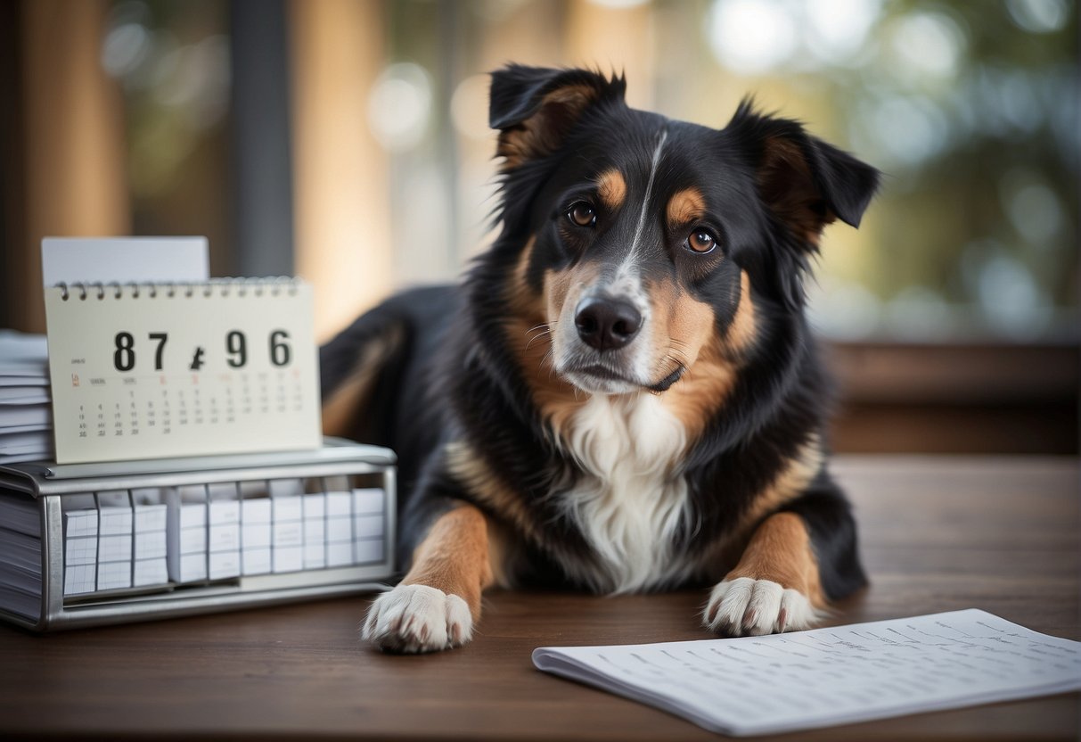 A dog with a gray muzzle sits beside a calendar, paw resting on the page marked with dog years