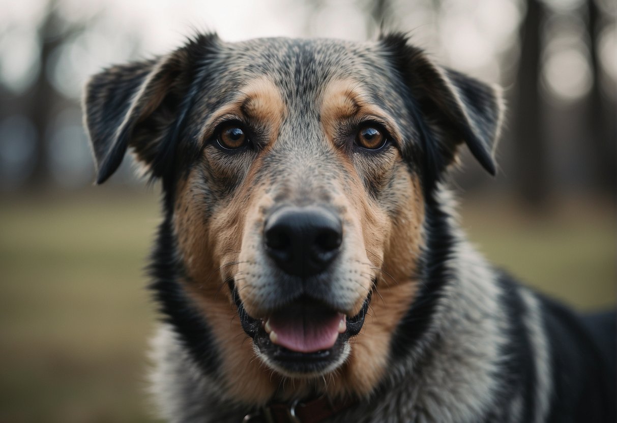 A gray muzzle, cloudy eyes, and stiff movements reveal the age of the dog