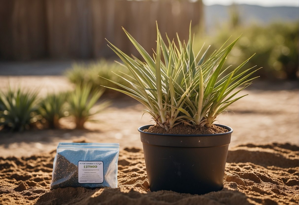 A bag of organic fertilizer sits next to a healthy yucca plant in a well-drained pot, surrounded by sandy soil and receiving plenty of sunlight