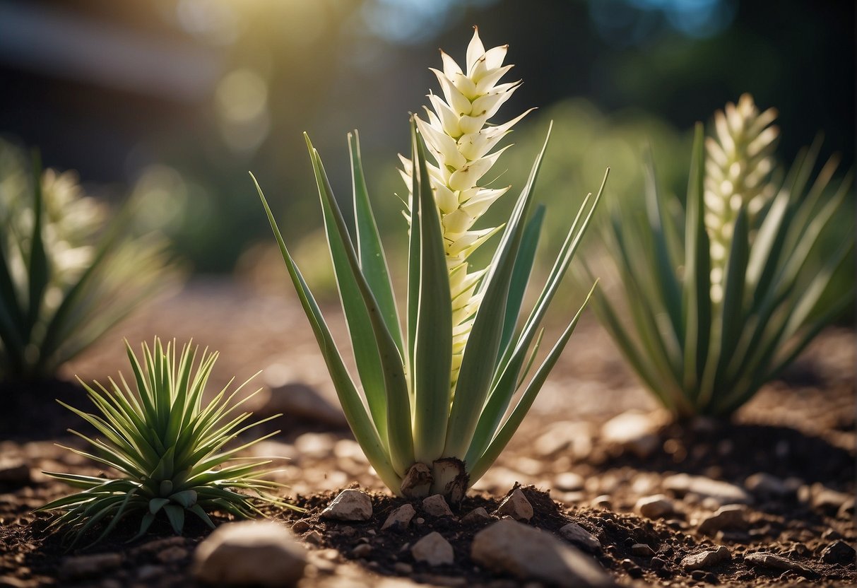 A yucca plant receiving balanced fertilizer, with appropriate nutrients and proper application methods, promoting healthy growth and vibrant foliage