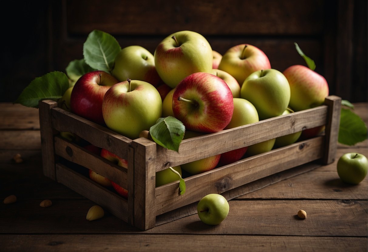 A variety of apples arranged in a rustic wooden crate, including red, green, and yellow types, with leaves and stems still attached