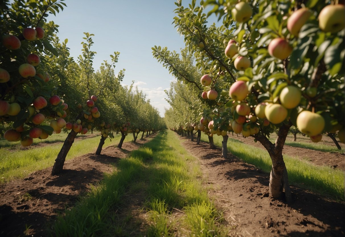 Apple trees in rows, bearing fruit in various stages of ripeness. Workers pick apples into baskets, while others prune and tend to the trees
