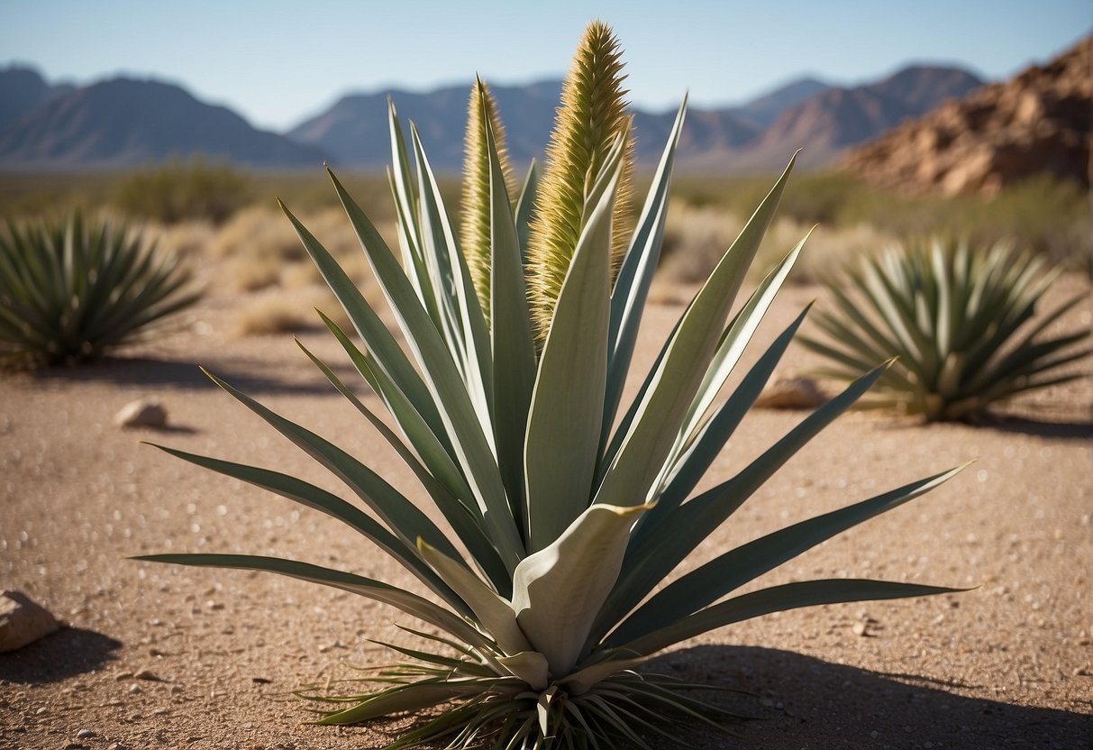 A tall yucca plant with long, sword-shaped leaves reaching towards the sky, surrounded by rocky desert terrain