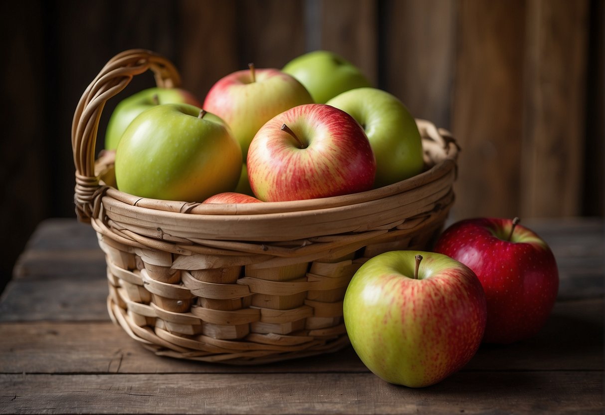 Various apples in a rustic basket: Pink Lady, Honeycrisp, and Granny Smith. Bright colors, different shapes, and sizes