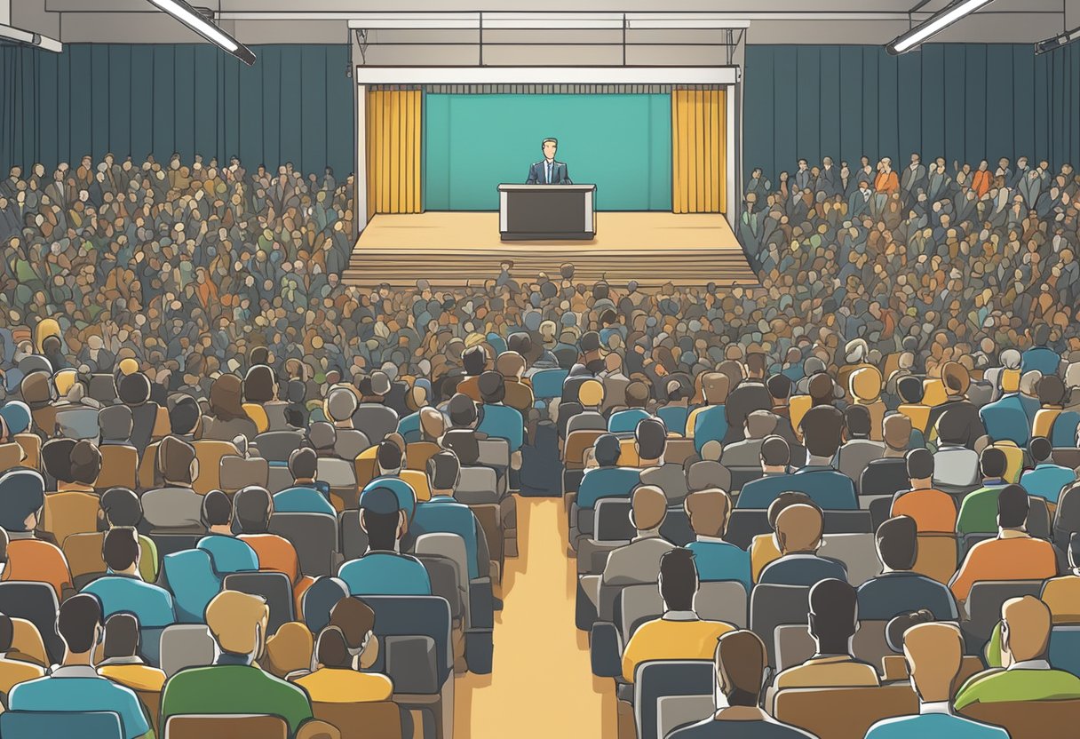A stage with a podium and microphone, surrounded by a large audience. A backdrop with the title "5 approaches to organizing innovative lectures."