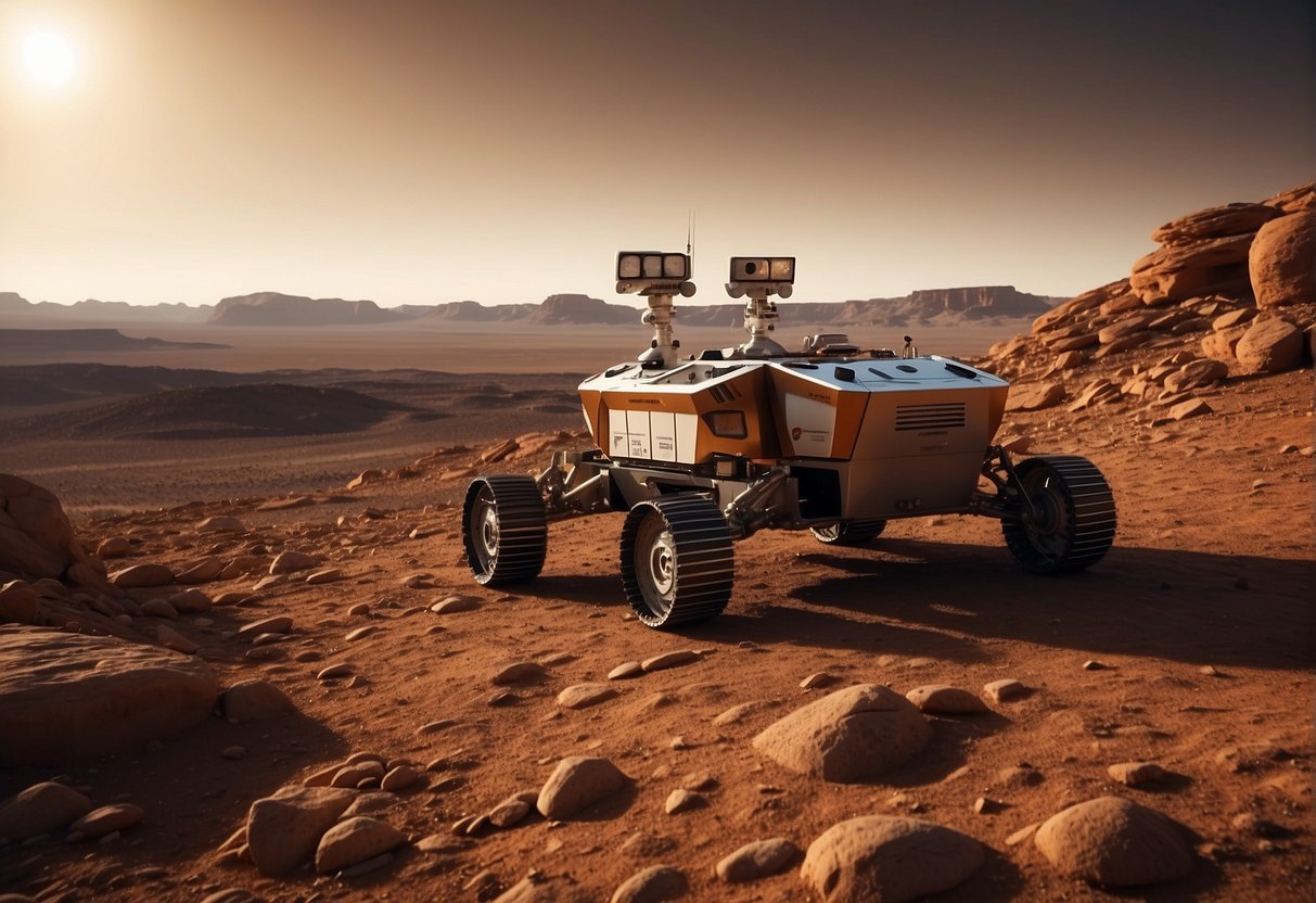 The ExoMars program - The ExoMars rover explores the rocky Martian terrain, analyzing soil samples for signs of microbial life. The red planet looms large in the background, with the sun casting a warm glow over the landscape