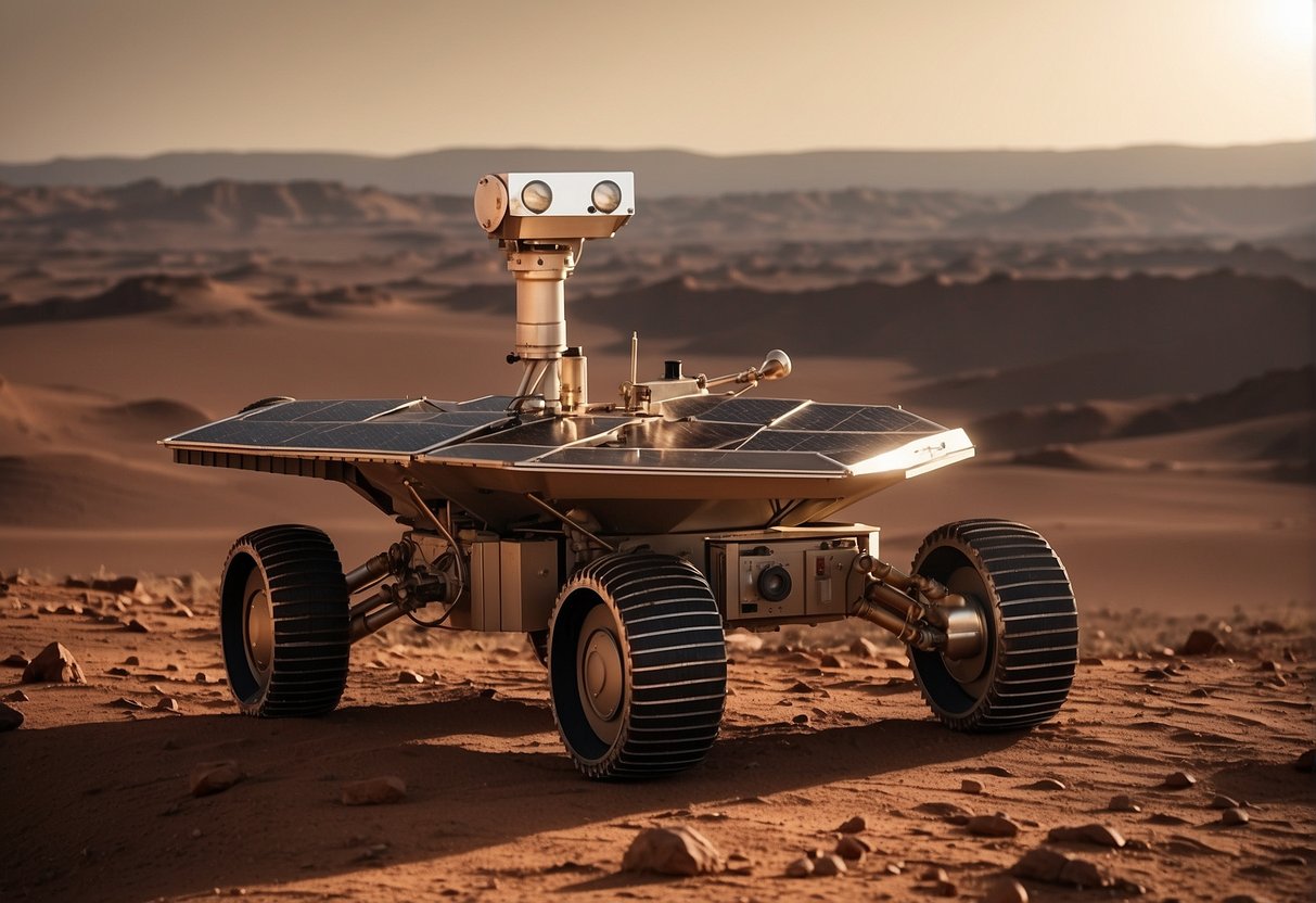 The ExoMars rover explores the Martian surface, collecting soil samples and analyzing for signs of life. The red planet looms in the background, with the sun casting a warm glow over the rocky terrain