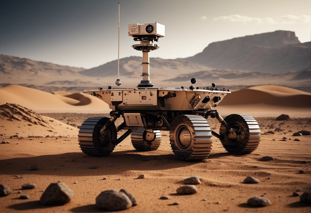 The ExoMars rover collects soil samples on the Martian surface using its advanced scientific instruments to search for signs of life