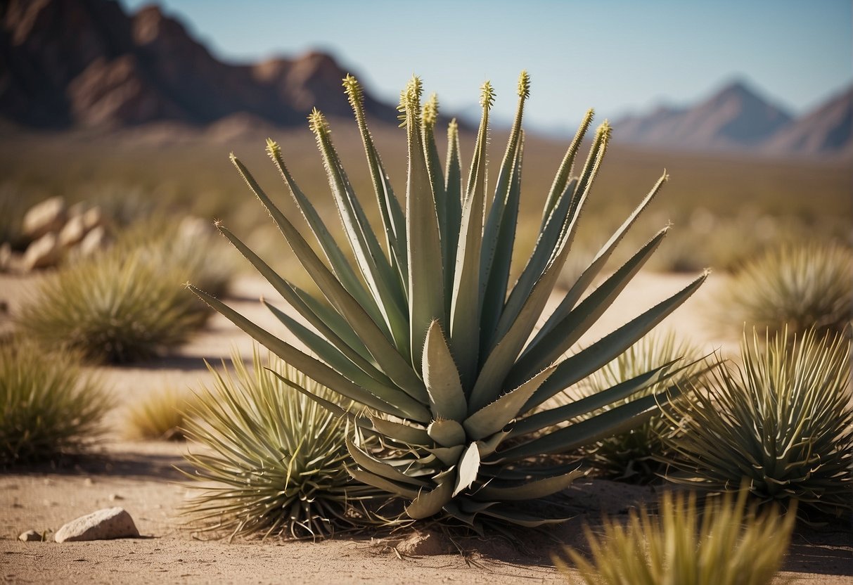 A desert landscape with rocky terrain and sparse vegetation, featuring yucca plants with long, sword-shaped leaves and tall, spiky flower stalks