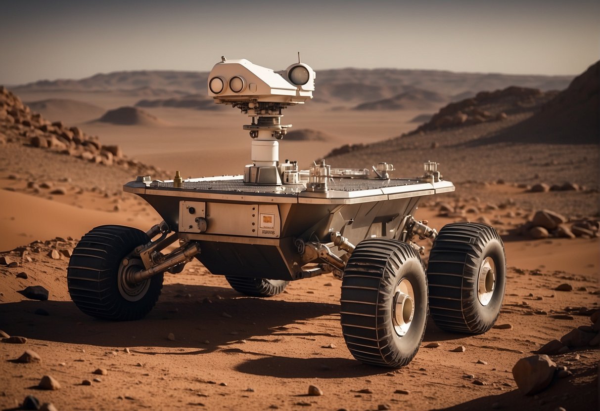 The ExoMars rover navigates rugged Martian terrain, collecting samples and analyzing for signs of life. The spacecraft orbits above, transmitting data back to Earth