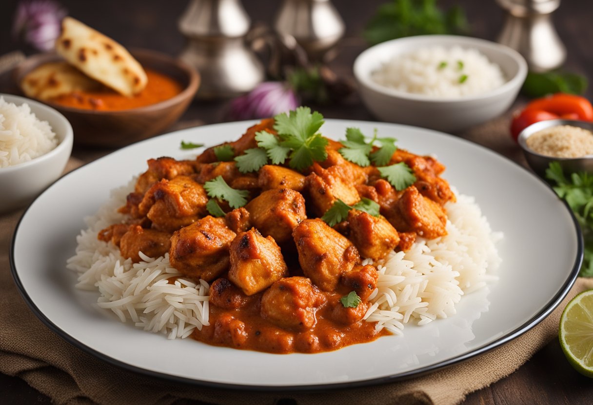 A sizzling skillet of chicken tikka masala with vibrant red sauce and aromatic spices, accompanied by fluffy naan bread and fragrant basmati rice