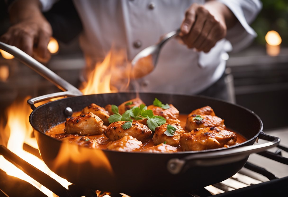 A chef grills marinated chicken over an open flame, then simmers it in a rich, creamy tomato sauce, creating the iconic dish of Chicken Tikka Masala