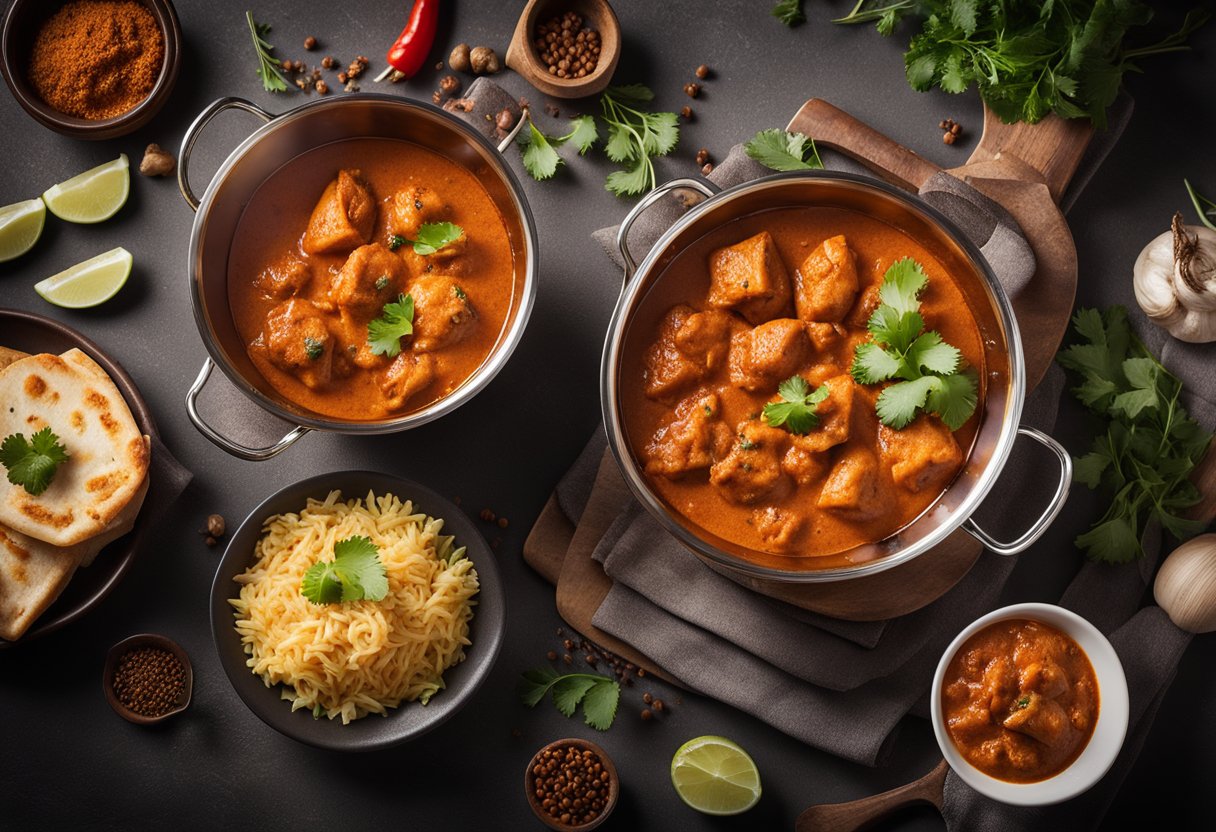 A pot simmering with chicken tikka masala, filled with tender chunks of chicken, vibrant red sauce, and aromatic spices