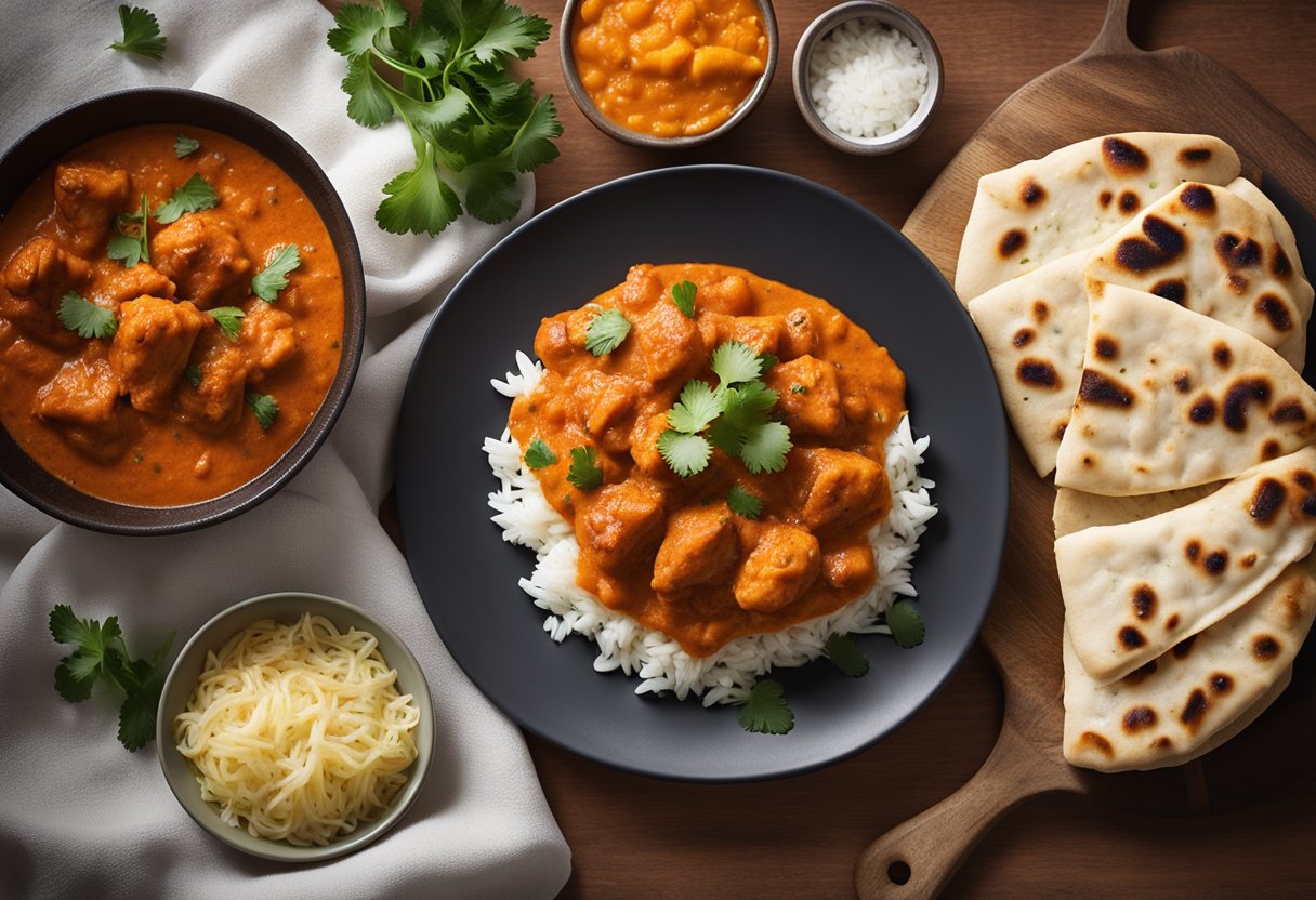 A steaming plate of chicken tikka masala with vibrant orange sauce, garnished with fresh cilantro and served alongside fluffy basmati rice and warm naan bread